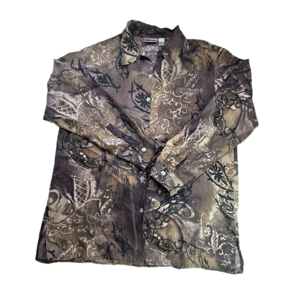 Vintage Chico's Design XL Size 1 Linen Brown Button Front Shirt Abstract Design